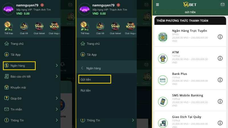 Hướng dẫn nạp tiền vào tài khoản V9bet